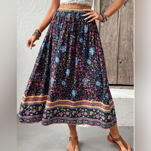 Blue Boho Floral Print Skirt - Picture 1 of 6